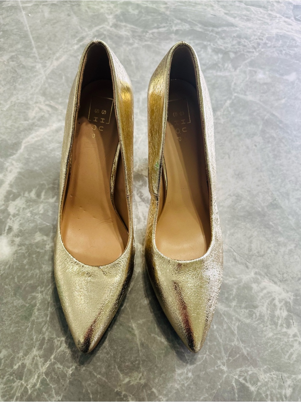Womens 24kt gold Shu Shop formal dressy ankle strap 3.5" Pump heels size 10